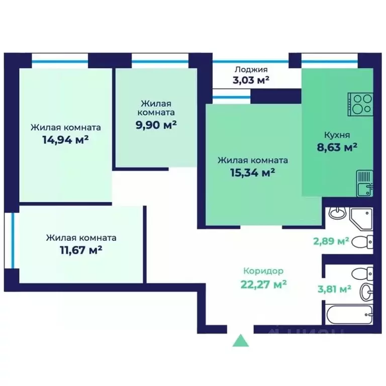 3-к кв. Ярославская область, Ярославль пос. Сокол, 31Ас1 (92.98 м) - Фото 1
