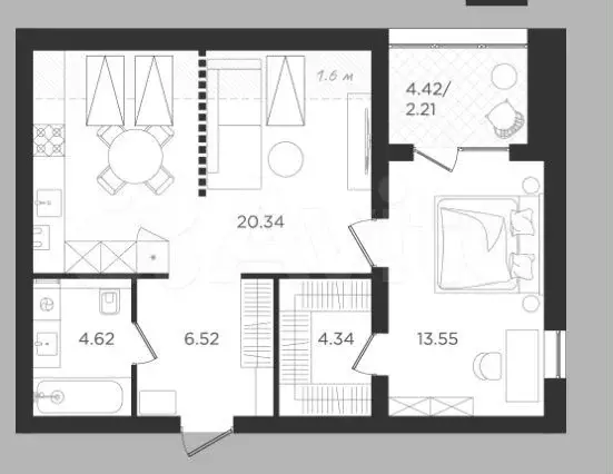 2-к. квартира, 51,6 м, 4/4 эт. - Фото 1