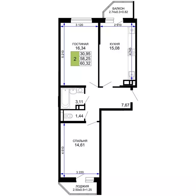 2-комнатная квартира: Республика Адыгея (Адыгея), Майкоп (60.32 м) - Фото 1
