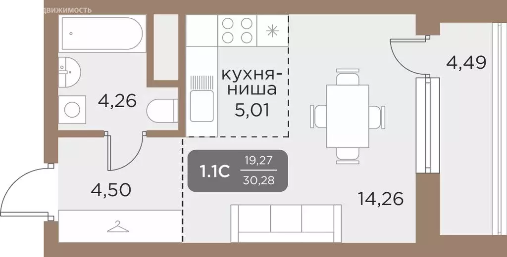 Квартира-студия: Екатеринбург, ЖК Галерея (30.28 м) - Фото 0