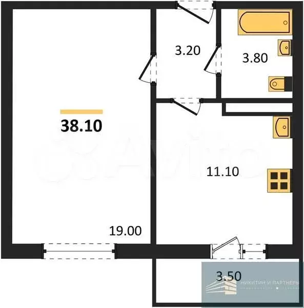 1-к. квартира, 38,1 м, 4/10 эт. - Фото 0