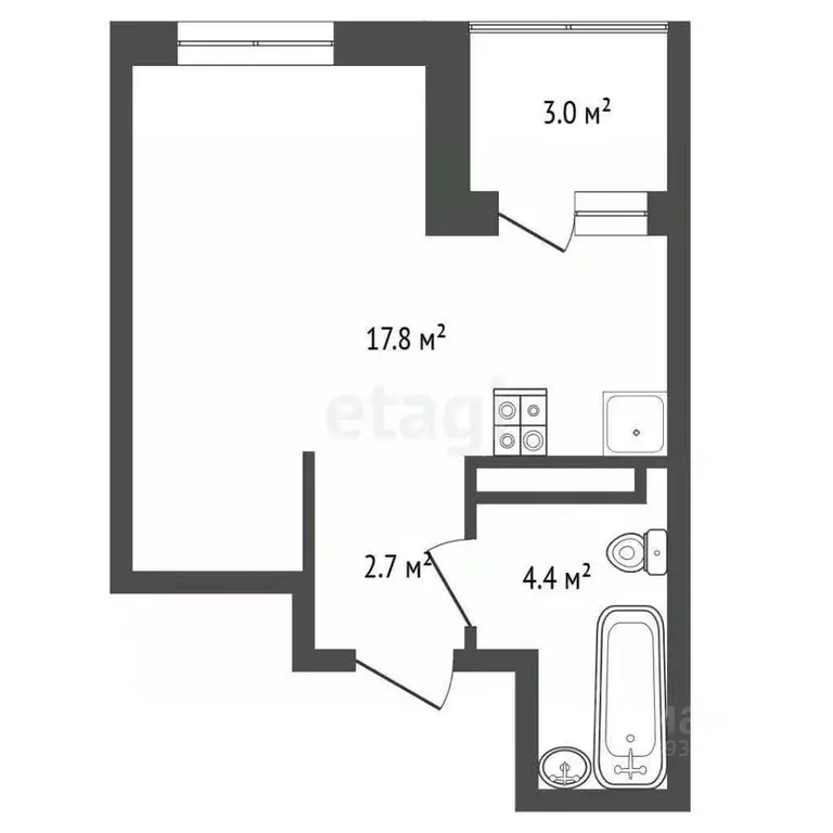 Студия Тюменская область, Тюмень Дамбовская ул., 29к2 (27.79 м) - Фото 2