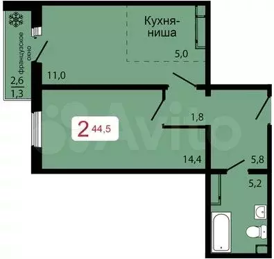 2-к. квартира, 44,5 м, 9/17 эт. - Фото 0