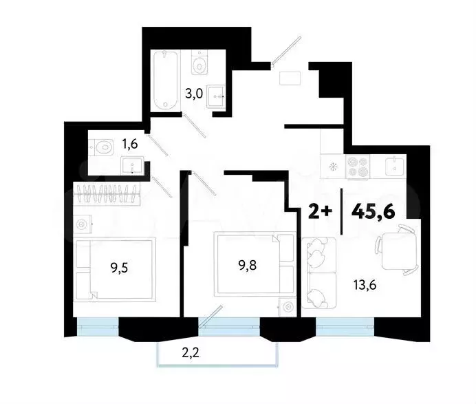2-к. квартира, 45,6 м, 23/25 эт. - Фото 0