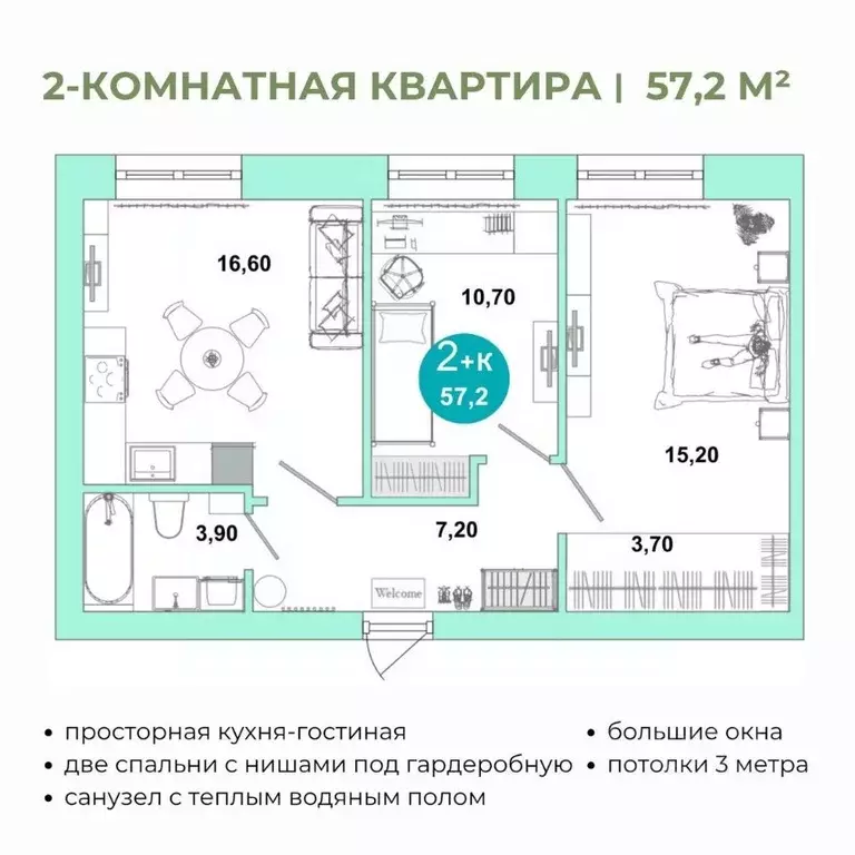2-к кв. Оренбургская область, Оренбург Ростоши Премьер мкр,  (57.2 м) - Фото 0