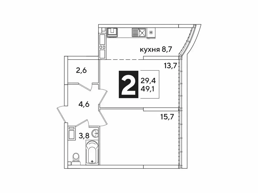 2-комнатная квартира: Краснодар, жилой комплекс Самолёт-6 (49.1 м) - Фото 1