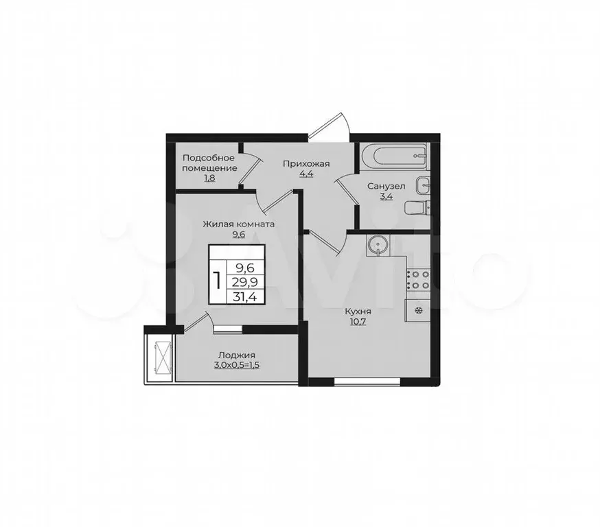 1-к. квартира, 31,4 м, 7/9 эт. - Фото 1