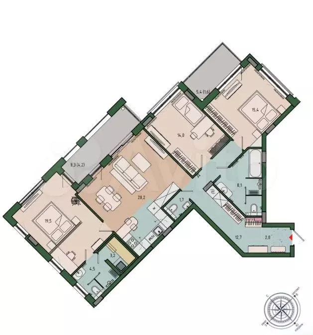 3-к. квартира, 115,6 м, 8/12 эт. - Фото 1