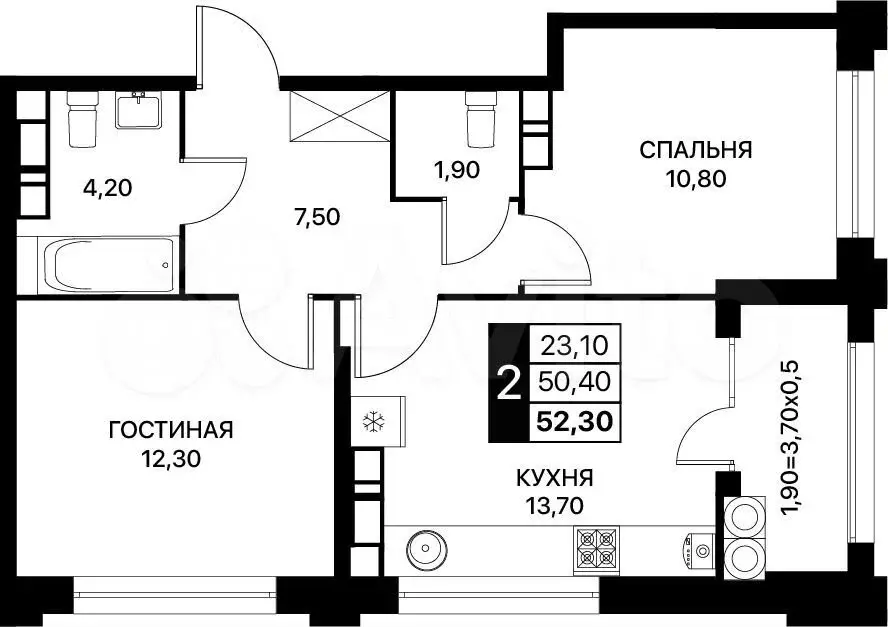 2-к. квартира, 52,3 м, 16/20 эт. - Фото 0