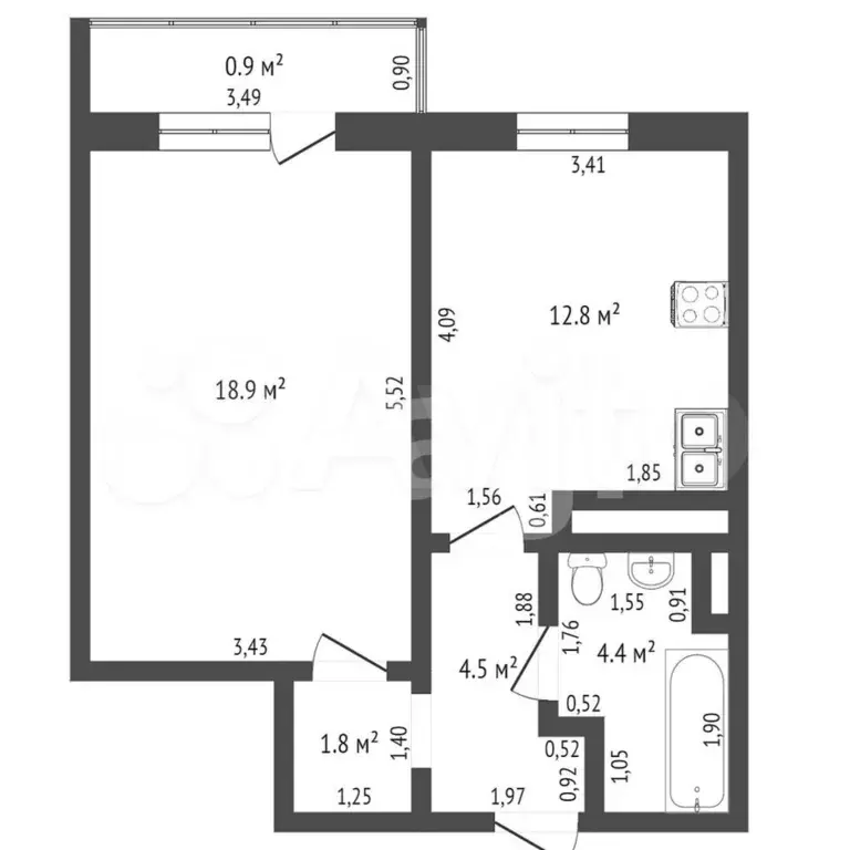 1-к. квартира, 42,6 м, 7/9 эт. - Фото 0