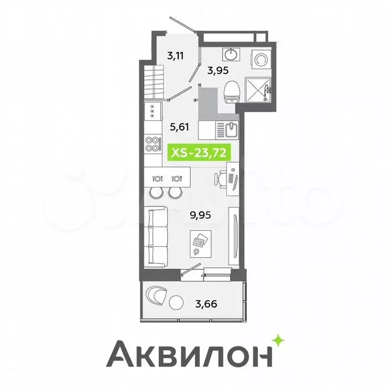 Квартира-студия, 23,7м, 5/12эт. - Фото 1