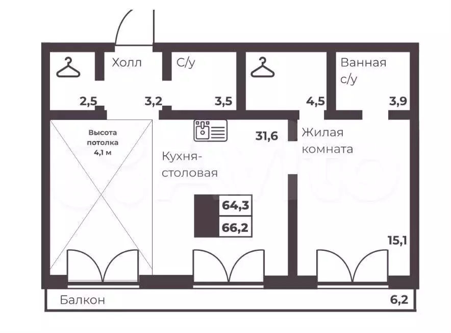 2-к. квартира, 64,3 м, 6/6 эт. - Фото 1