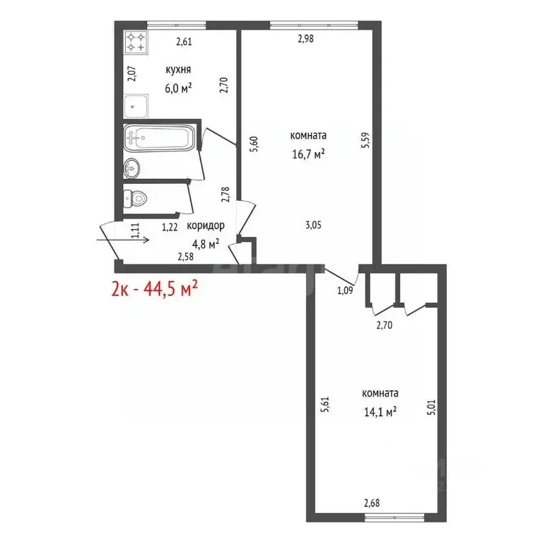 2-к кв. Свердловская область, Екатеринбург ул. 8 Марта, 125 (44.5 м) - Фото 1