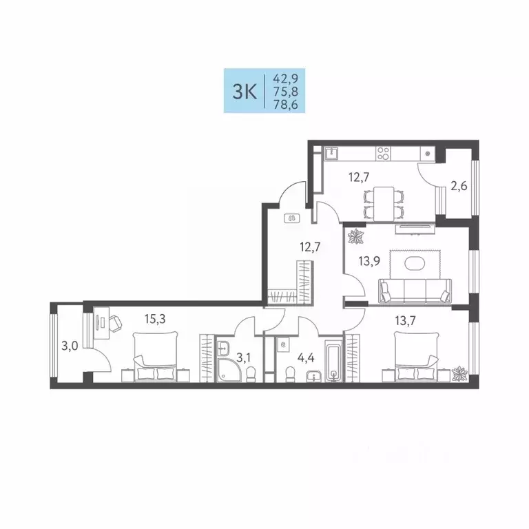 3-к кв. Пермский край, Пермь ул. Левченко, 8 (78.6 м) - Фото 1