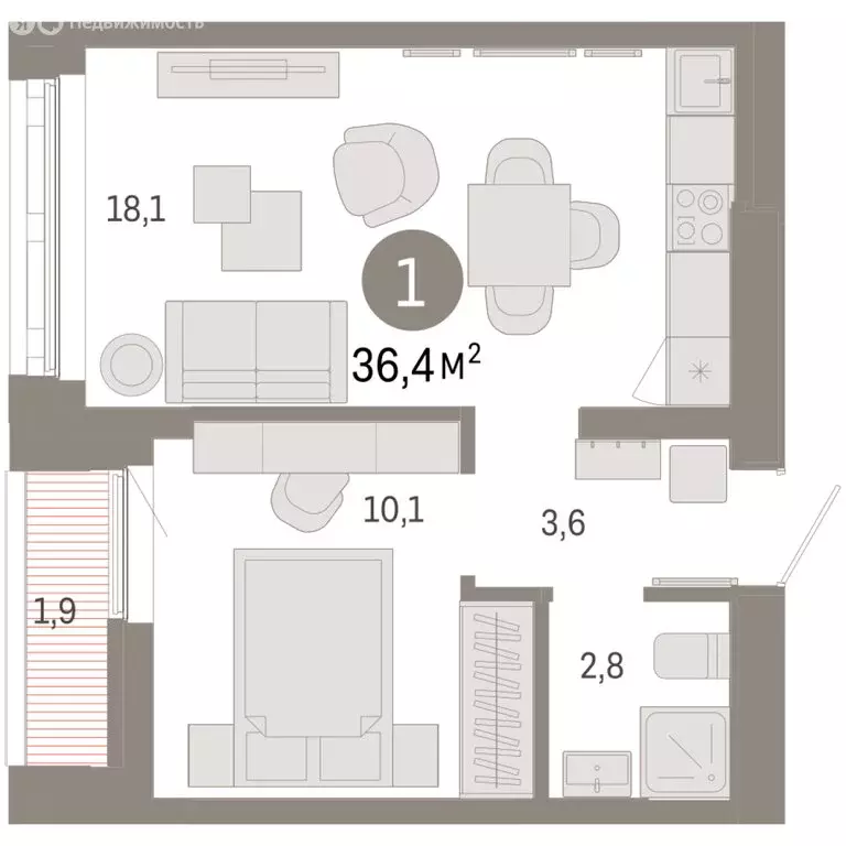 1-комнатная квартира: Екатеринбург, улица Гастелло, 19А (36.41 м) - Фото 1