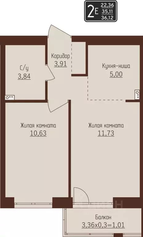 2-к кв. Пермский край, Пермь ул. Писарева, 8 (36.12 м) - Фото 1