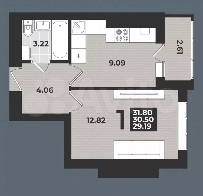 1-к. квартира, 31,8 м, 5/9 эт. - Фото 1
