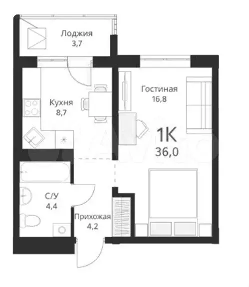 1-к. квартира, 36 м, 5/16 эт. - Фото 0