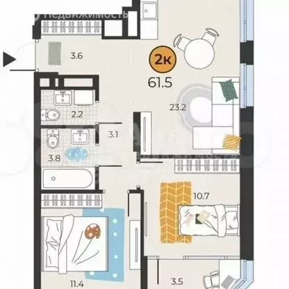 2-комнатная квартира: Тюмень, улица Эльвиры Федоровой, 1к1 (61.5 м) - Фото 1