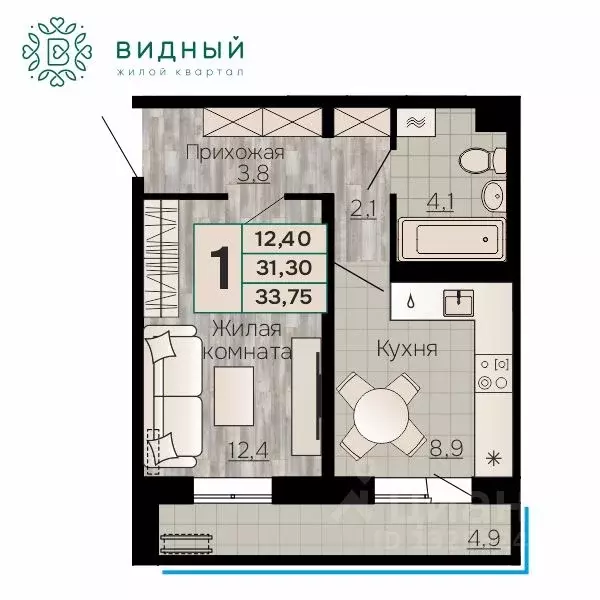 1-к кв. Пермский край, Пермь Кавказская ул., 13к1 (33.75 м) - Фото 1