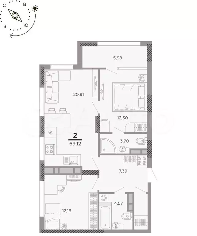 2-к. квартира, 69,1м, 3/25эт. - Фото 0