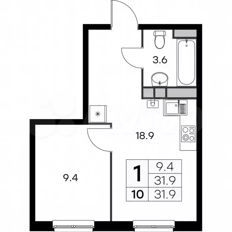 1-к. квартира, 31,9 м, 2/4 эт. - Фото 0