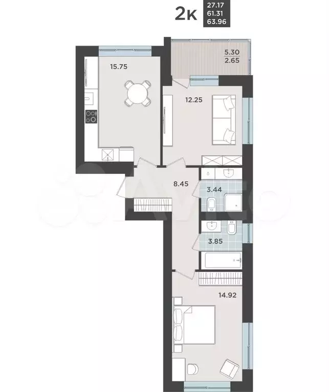 2-к. квартира, 61,5 м, 1/9 эт. - Фото 1
