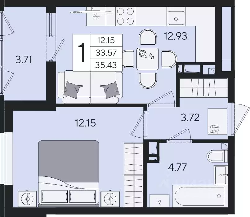 1-к кв. Краснодарский край, Краснодар  (35.43 м) - Фото 2