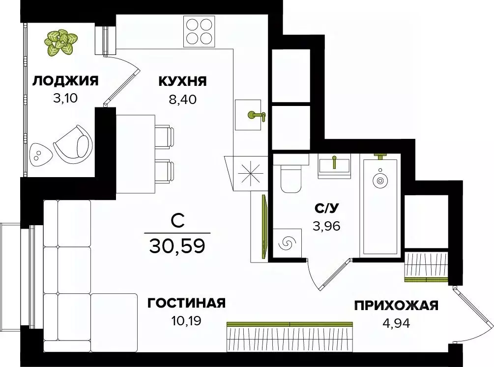 Студия Тульская область, Тула  (30.59 м) - Фото 0