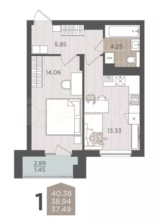 1-к. квартира, 38,9 м, 3/9 эт. - Фото 1