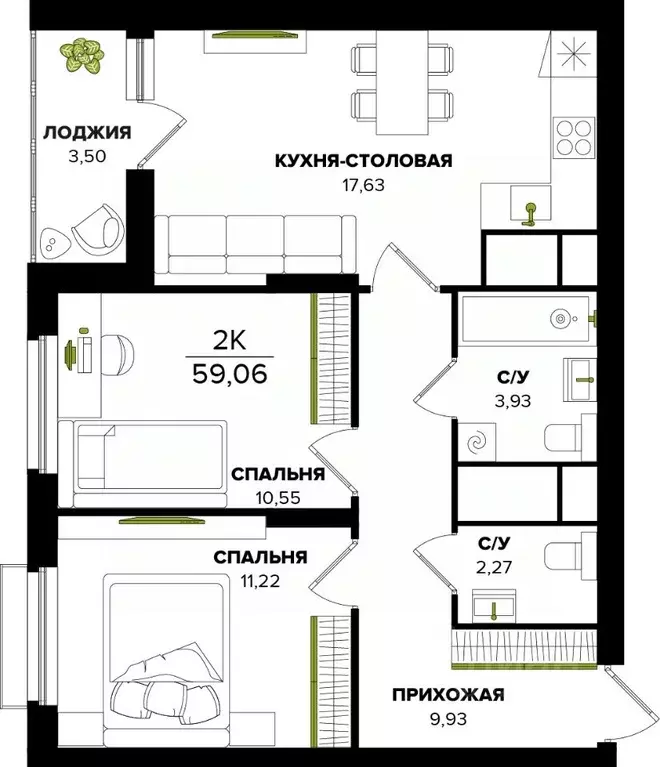 2-к кв. Тульская область, Тула  (59.06 м) - Фото 0