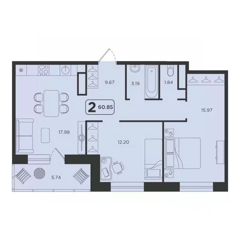 2-к кв. Тюменская область, Тюмень Горизонт жилой комплекс (60.85 м) - Фото 1