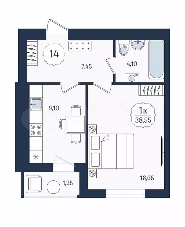 1-к. квартира, 38,6 м, 4/9 эт. - Фото 1