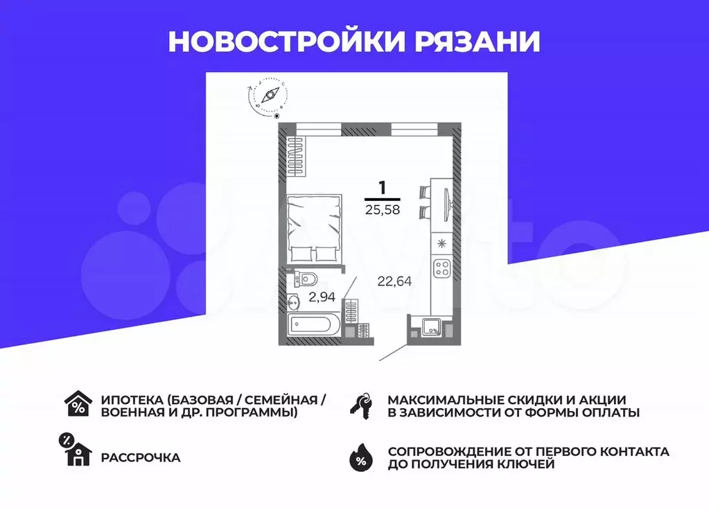 1-к. квартира, 25,6 м, 12/25 эт. - Фото 0