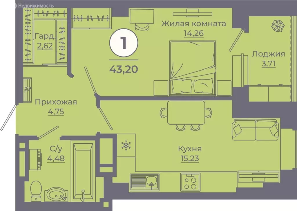 1-комнатная квартира: Ростов-на-Дону, улица Ерёменко, 111 (43.45 м) - Фото 0