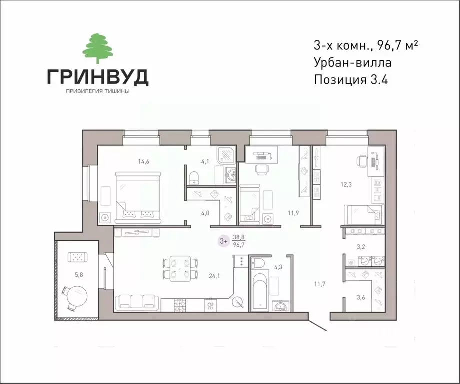 3-к кв. Брянская область, Брянск Клубный Гринвуд кв-л,  (96.7 м) - Фото 0