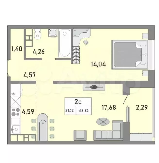 2-к. квартира, 48,8 м, 12/25 эт. - Фото 0