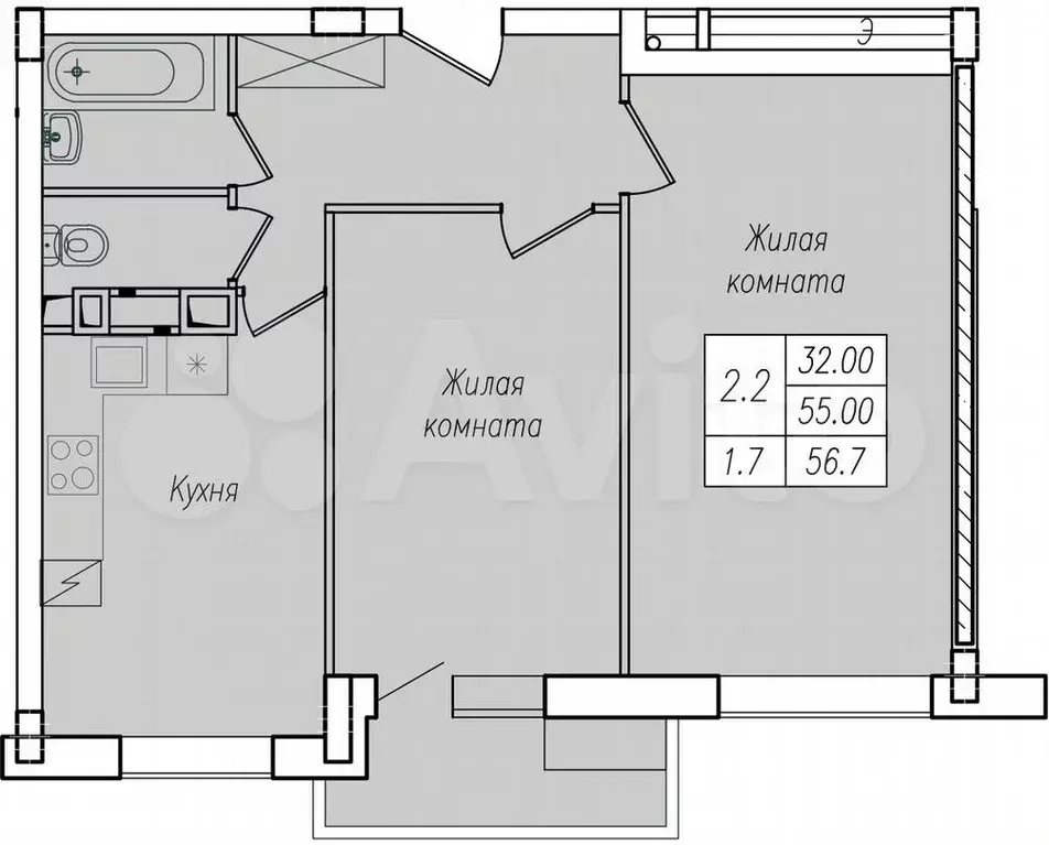 2-к. квартира, 56,7 м, 8/10 эт. - Фото 1