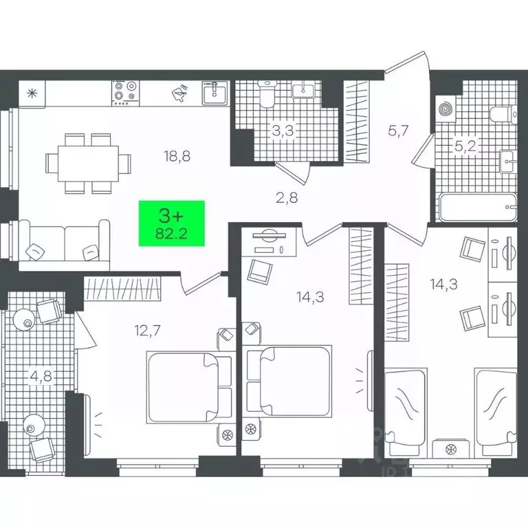 3-к кв. Тюменская область, Тюмень ул. Василия Малкова, 19 (82.24 м) - Фото 0