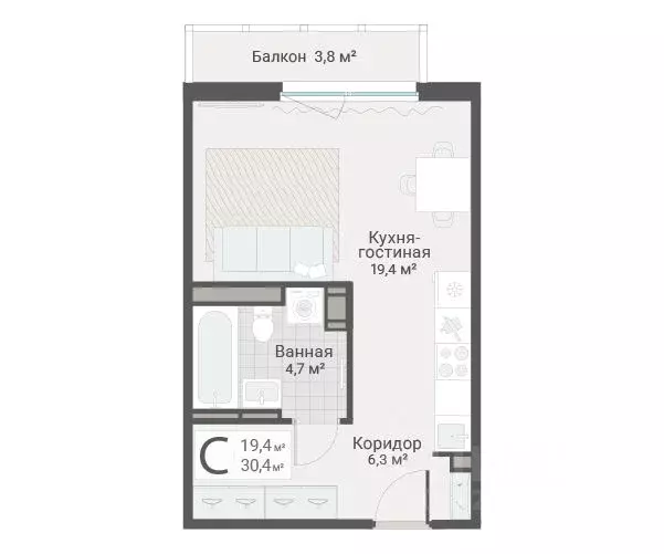Студия Санкт-Петербург Актерский проезд, 2к1 (30.4 м) - Фото 1