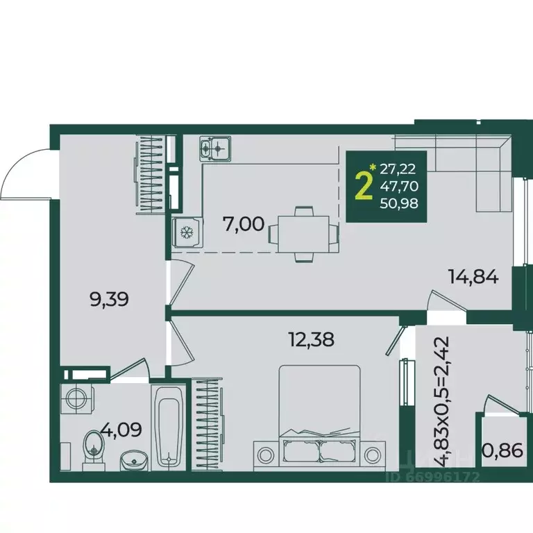 2-к кв. Краснодарский край, Краснодар Образцово мкр,  (50.98 м) - Фото 1
