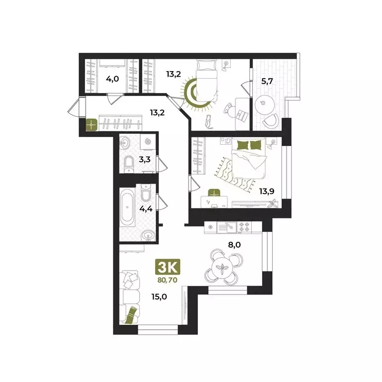 3-комнатная квартира: Тюмень, улица Евгения Войнова, 7 (80.7 м) - Фото 1