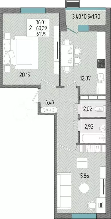 2-к. квартира, 62 м, 4/8 эт. - Фото 1