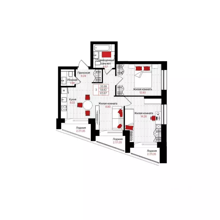 3-к кв. Татарстан, Казань Лето жилой комплекс (63.87 м) - Фото 1