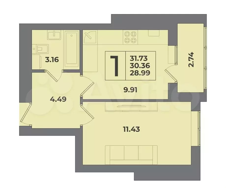 1-к. квартира, 30,4 м, 8/9 эт. - Фото 1