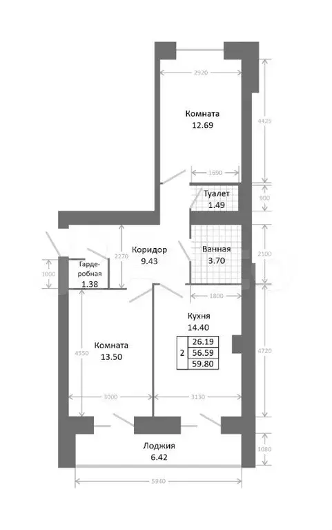 2-к. квартира, 59,8 м, 5/9 эт. - Фото 0