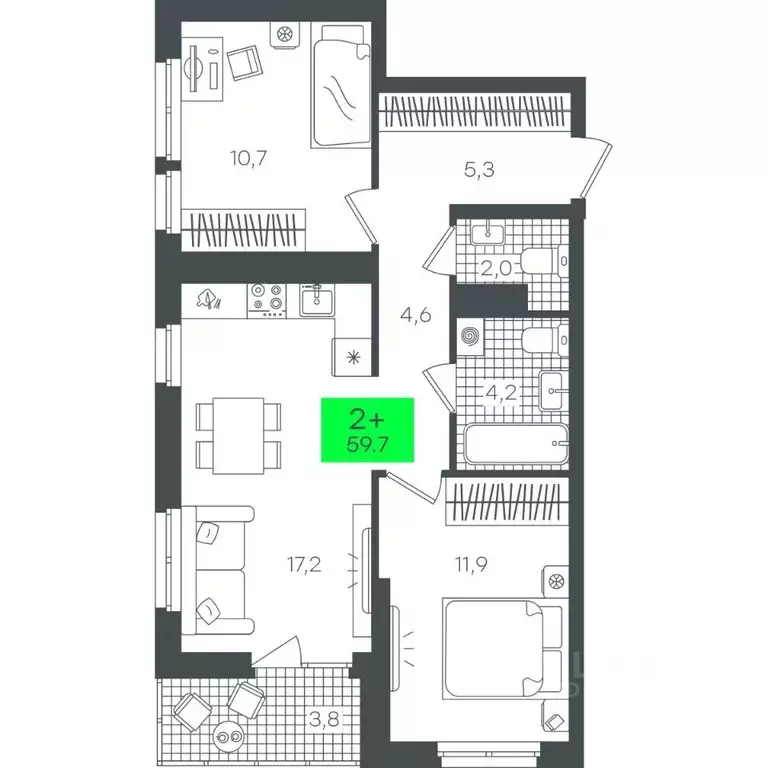 2-к кв. Тюменская область, Тюмень ул. Василия Малкова, 19 (59.79 м) - Фото 0