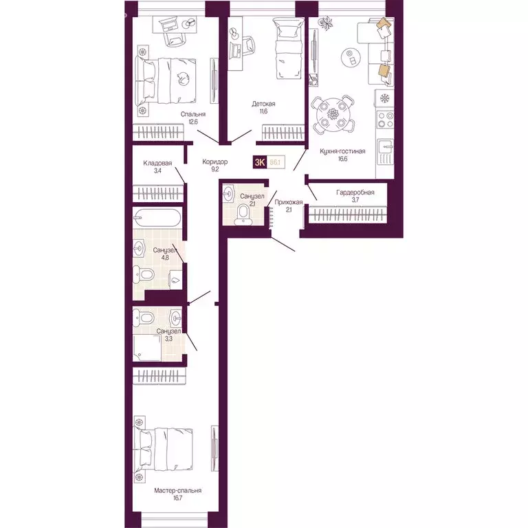 3-комнатная квартира: Нижний Новгород, Нижегородский район (86.1 м) - Фото 1