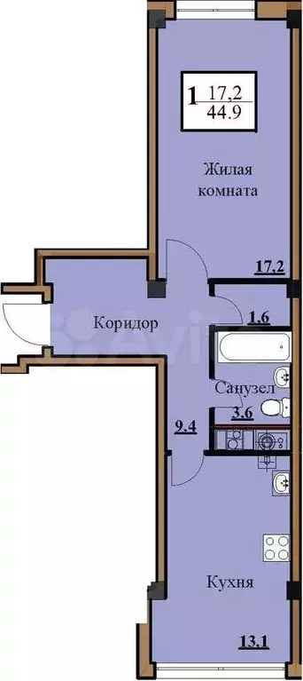 1-к. квартира, 44,9 м, 5/5 эт. - Фото 0