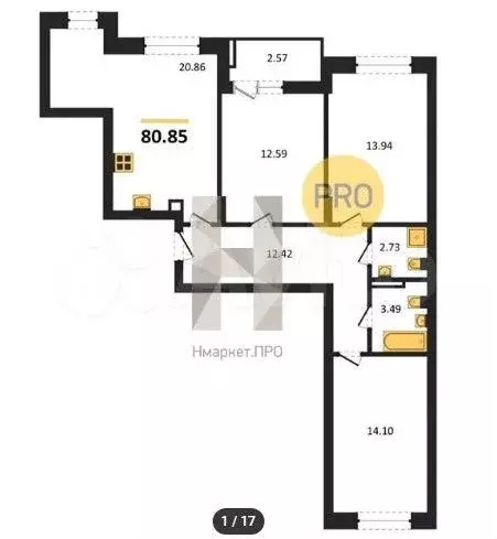 3-к. квартира, 80,9 м, 9/9 эт. - Фото 1